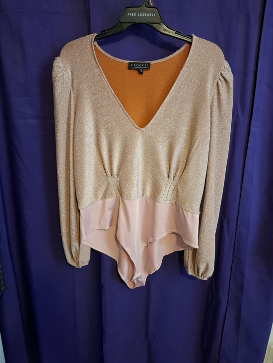 Eloquii Tops - Eloquii Rose Gold Shimmer V-Neck Long-Sleeve Bodysuit